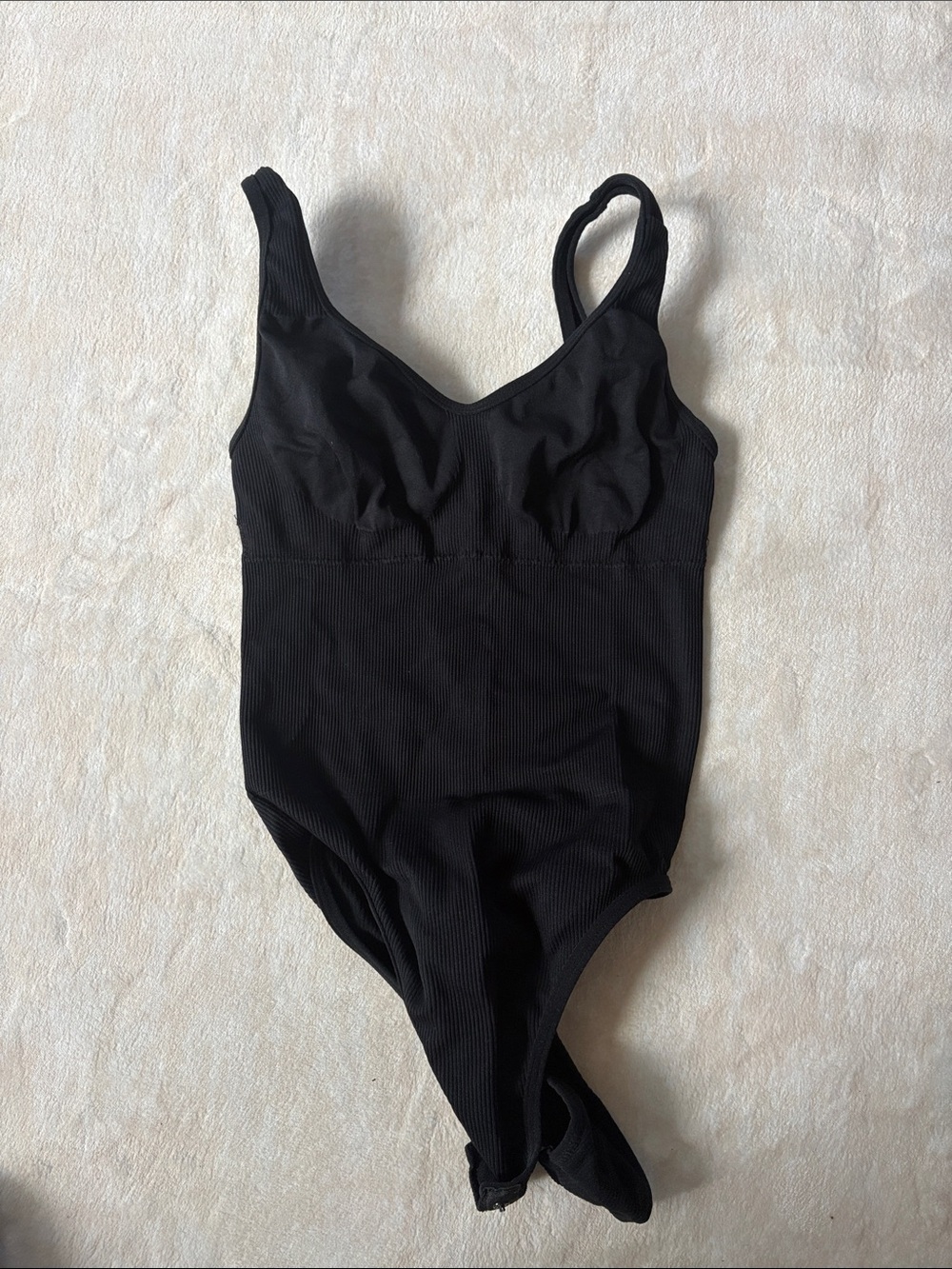 Black Ribbed Women's Bodysuit with Scoop Neck